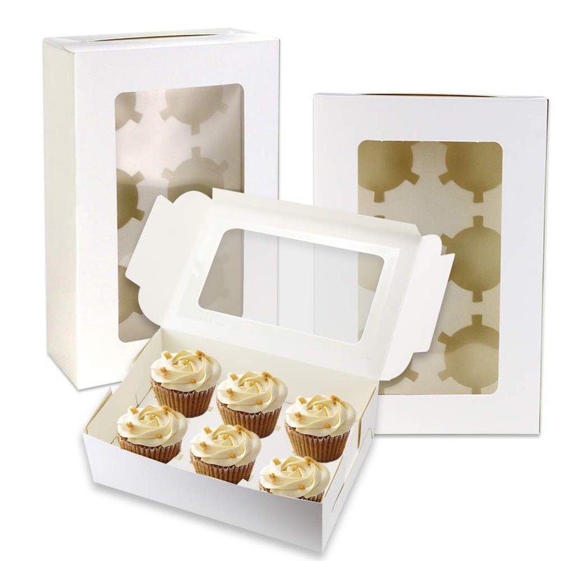 Pralb 20Pack White Cupcake Boxes with Inserts 6 Holders,White Standard Bakery Boxes with Pvc Window,Cupcake Containers Bakery Cake Box,Auto-Popup Cupcake Containers Carriers Bakery Cake Box(9x6x3inch) - Image 4